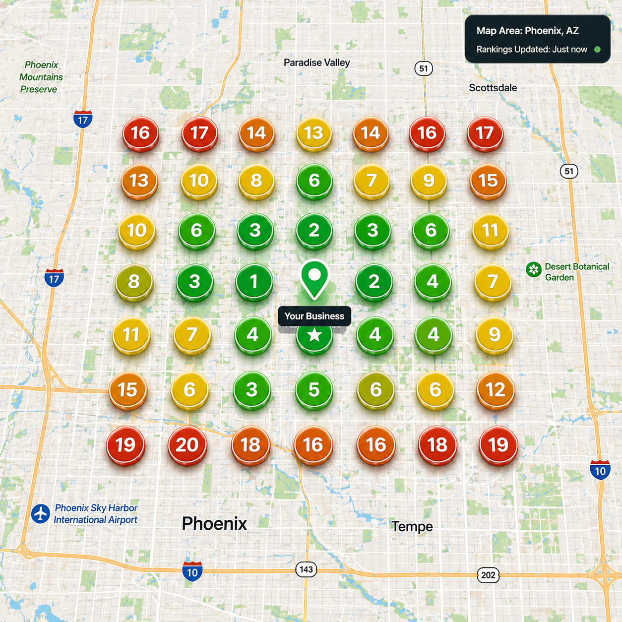 Local Rankings AI heatmap showing ranking positions across a service area in a 7×7 grid